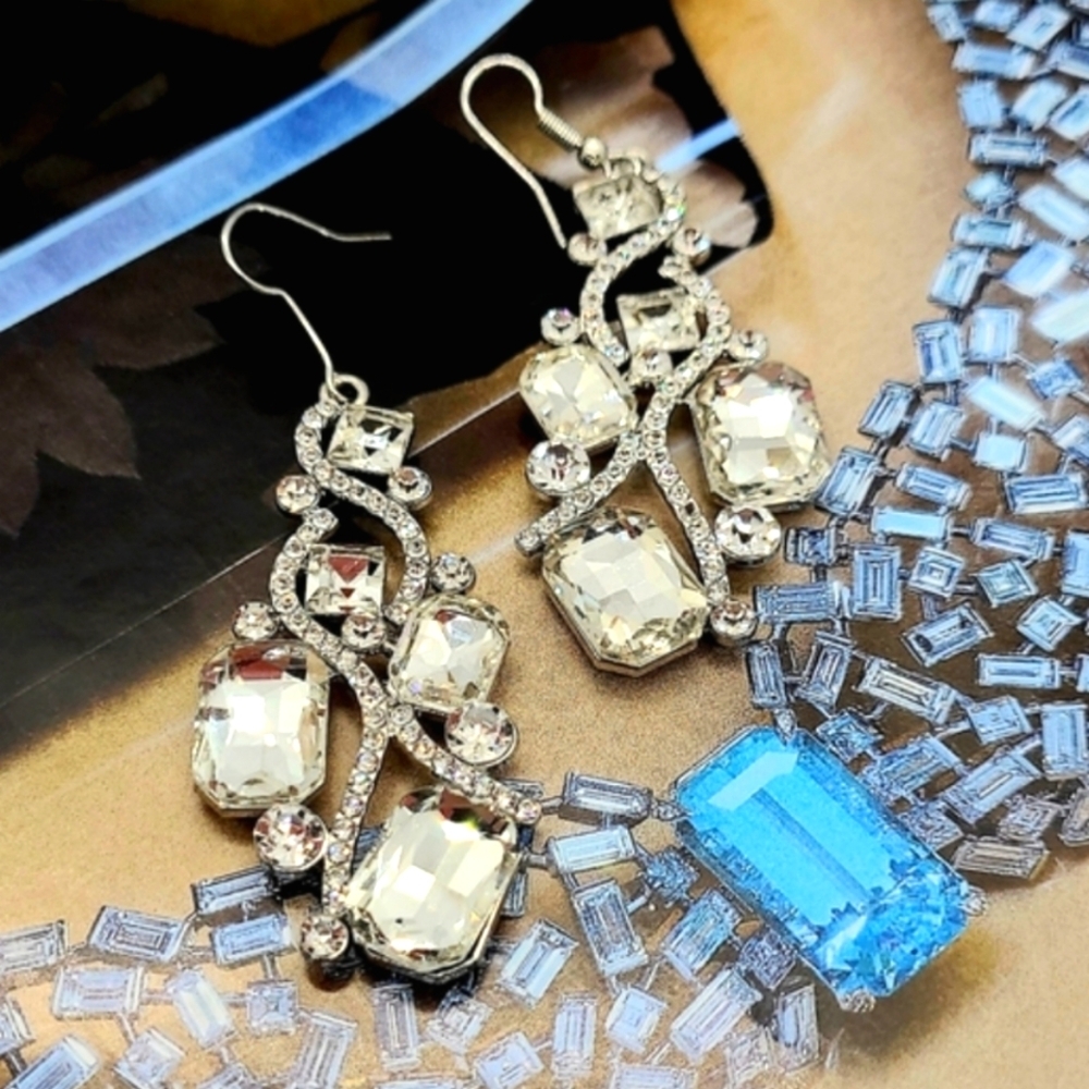 Glamorous Geometric Crystal Silver Statement Earrings